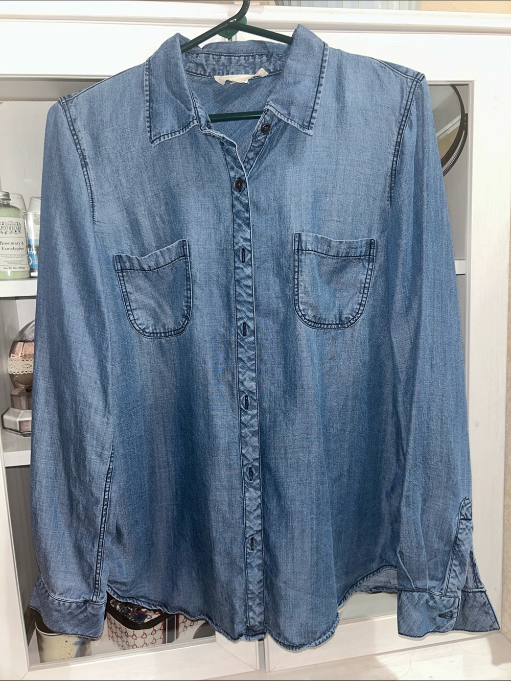 Love Stitch Denim Button-Down Shirt in Light Blue